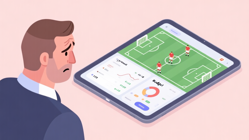 A confused new football manager looking at a complex tablet interface showing player stats and a low budget, soft pastel colors, isometric illustration style high quality illustration, detailed, 16:9