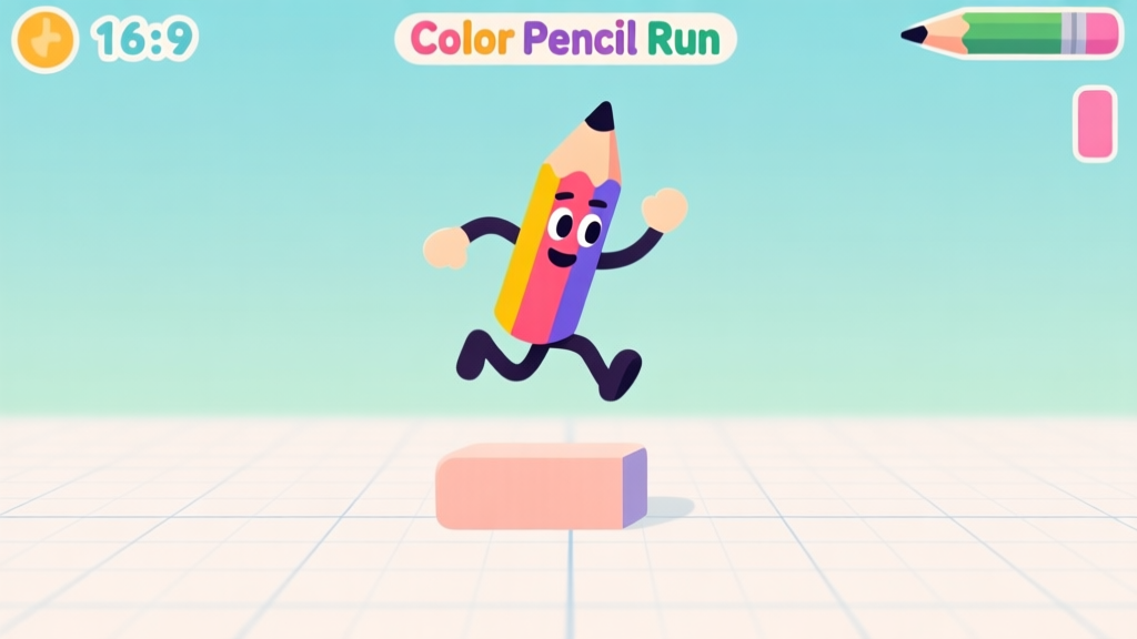 A vibrant, minimalist game screenshot of Color Pencil Run, showing a colorful pencil character mid-jump over a simple eraser obstacle, on a clean graph paper background, soft pastel colors, flat design high quality illustration, detailed, 16:9