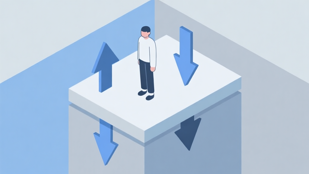 A minimalist isometric diagram showing a character on a platform, with gravity arrows flipping between up and down, soft blue and grey color scheme, clean lines high quality illustration, detailed, 16:9