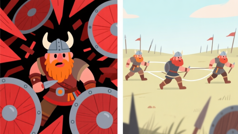 自动生成图片: A split-screen scene showing two cartoon vikings on a simple battlefield. Left side is chaotic with red viking surrounded. Right side shows coordinated movement with connecting lines between the vikings, soft color palette high quality illustration, detailed, 16:9