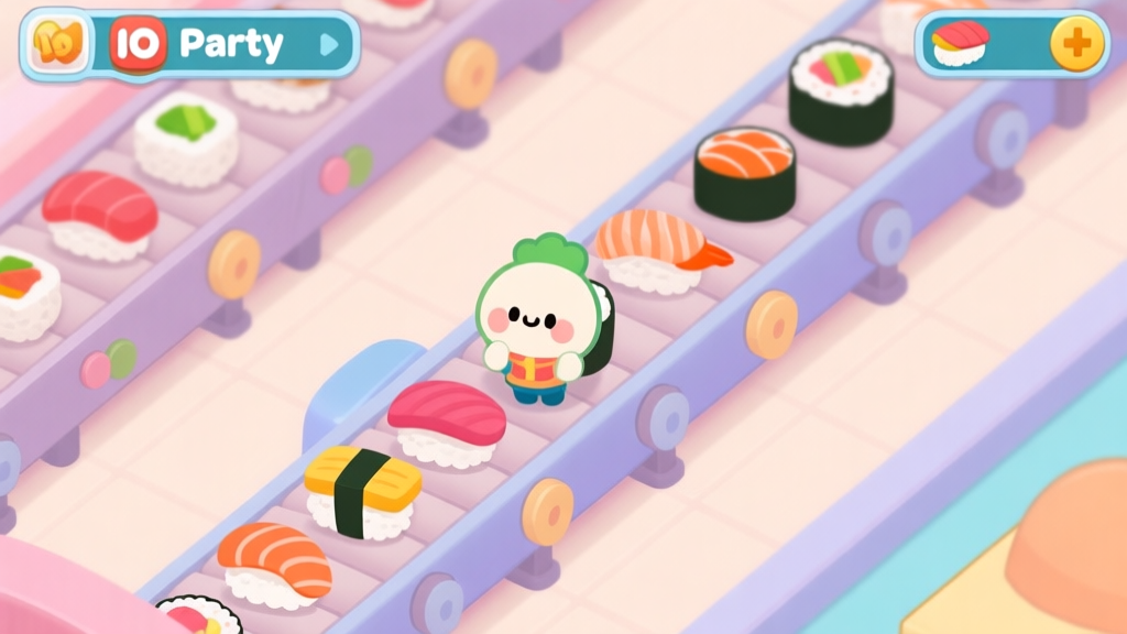 A top-down view of a Sushi Party IO game scene, showing a cute character surrounded by various colorful sushi pieces on a conveyor belt, soft pastel colors, clean and inviting game interface high quality illustration, detailed, 16:9
