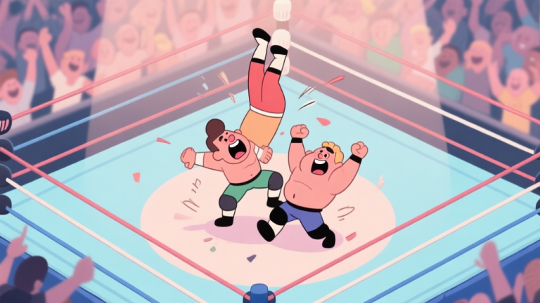 自动生成图片: A playful, cartoonish illustration of a chaotic wrestling ring seen from above, with two exaggerated characters mid-action, one executing a suplex. Soft pastel colors like light blue and peach dominate, with a blurred, cheering crowd in the background. high quality illustration, detailed, 16:9
