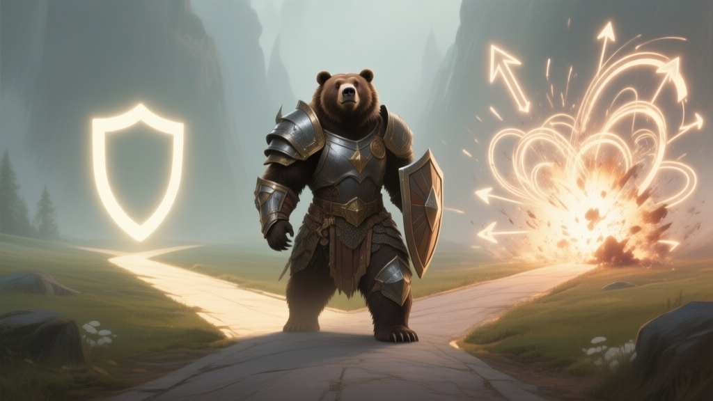 A majestic, armored bear warrior (Bearsus) standing at a crossroads, one path glowing with a simple shield icon, the other path glowing with complex swirling arrows and impact effects, soft fantasy lighting, muted colors high quality illustration, detailed, 16:9