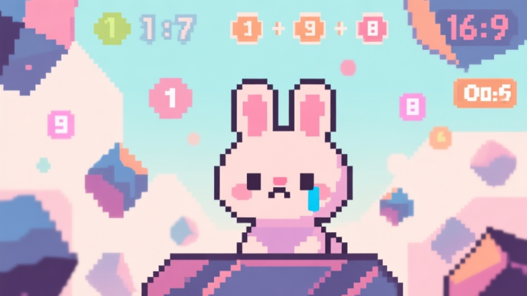 自动生成图片: Cute pixel art of a sad bunny character surrounded by abstract geometric obstacles, with multiplier numbers and combo counters floating in the background, soft pastel color palette high quality illustration, detailed, 16:9