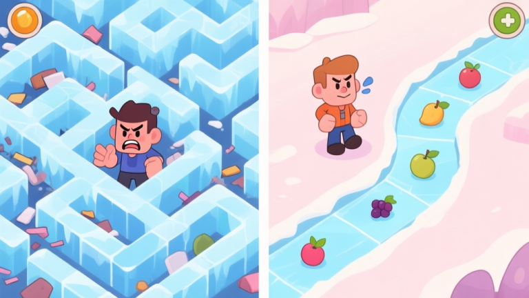 自动生成图片: A split-screen illustration showing a frustrated player on the left with a messy, blocked ice maze, and a confident player on the right with a clean, strategic ice path leading to fruits, in a soft pastel game art style high quality illustration, detailed, 16:9