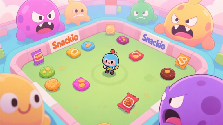自动生成图片: A vibrant, top-down view of a Snackio game arena, showing a small player character surrounded by colorful snacks and larger, intimidating rival blobs, in a cute cartoon style with soft pastel colors high quality illustration, detailed, 16:9