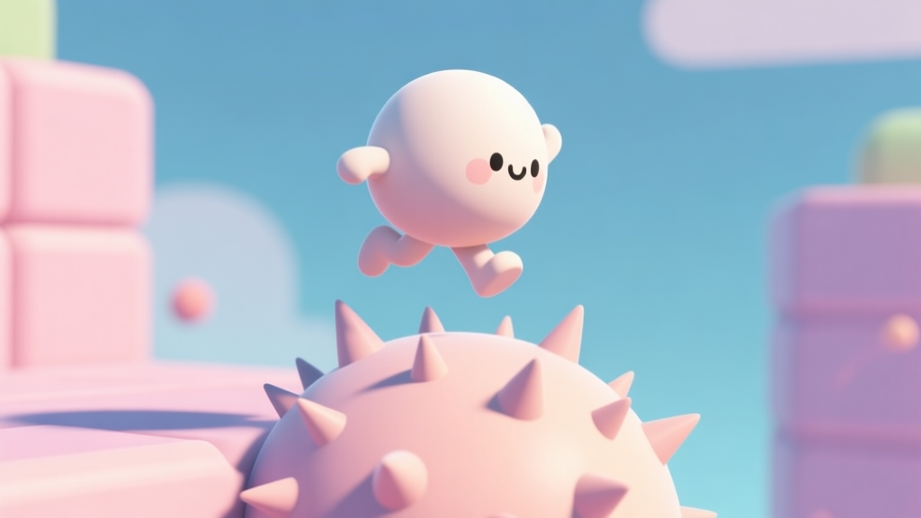 A minimalist side-view of a cute, round character mid-jump over a spiky obstacle in a pastel-colored Squish Run game environment, soft shadows, clean lines high quality illustration, detailed, 16:9
