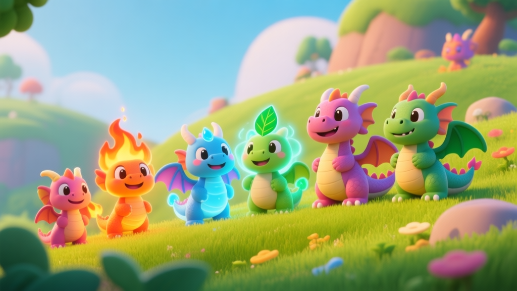 A cheerful, colorful 3D game scene showing a collection of cute cartoon dragons (Blumgi) with different elemental auras (fire, water, leaf) standing on a vibrant grassy hill, soft lighting, family-friendly video game art style high quality illustration, detailed, 16:9