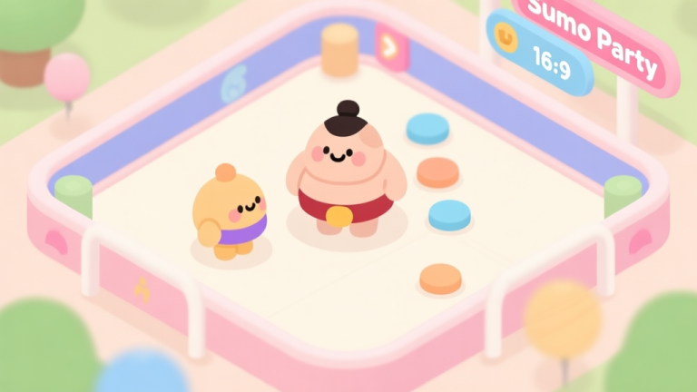 自动生成图片: A cheerful, top-down view of a Sumo Party game arena, with soft pastel colors, cute rounded characters in the center, and a clean, minimalist UI, evoking a friendly and approachable feeling high quality illustration, detailed, 16:9