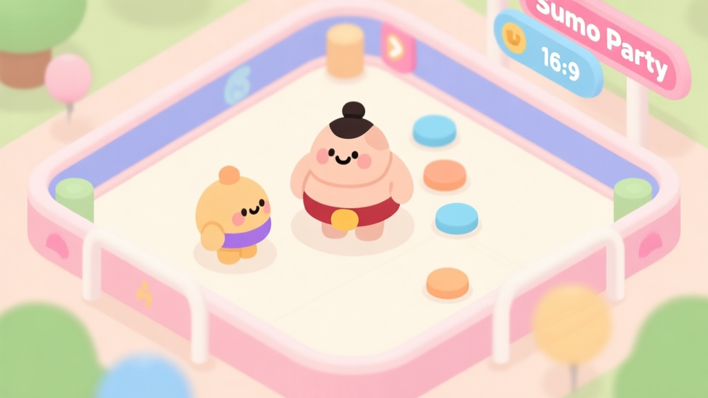 A cheerful, top-down view of a Sumo Party game arena, with soft pastel colors, cute rounded characters in the center, and a clean, minimalist UI, evoking a friendly and approachable feeling high quality illustration, detailed, 16:9