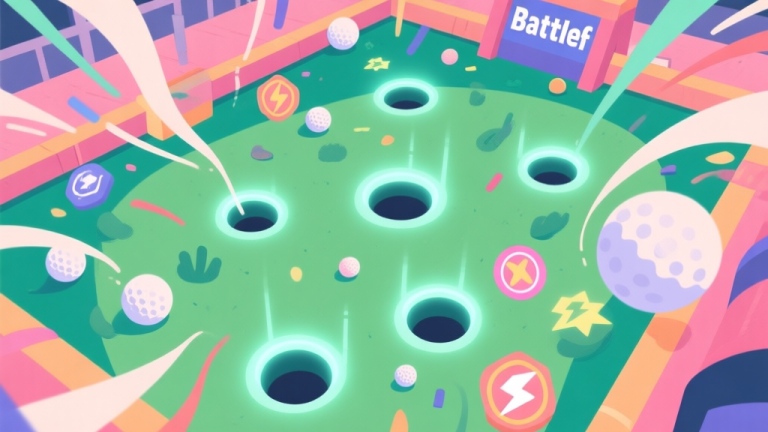 自动生成图片: A dynamic, top-down view of a colorful and chaotic Battle Golf arena, with multiple holes glowing on the ground, power-up icons scattered around, and abstract golf balls with trails, in a flat illustration style with soft pastel colors high quality illustration, detailed, 16:9