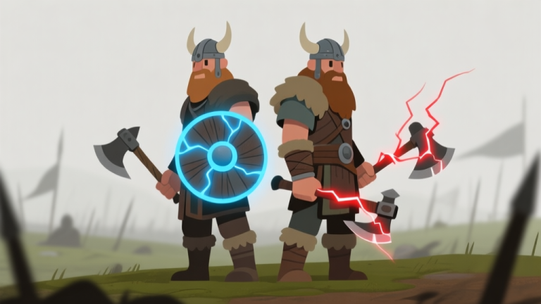 自动生成图片: Two stylized Viking avatars standing back-to-back, one holding a shield glowing with blue energy, the other with axes crackling with red lightning. The background is a soft-focus, minimalist battlefield with muted colors of grey, moss green, and earthy brown high quality illustration, detailed, 16:9