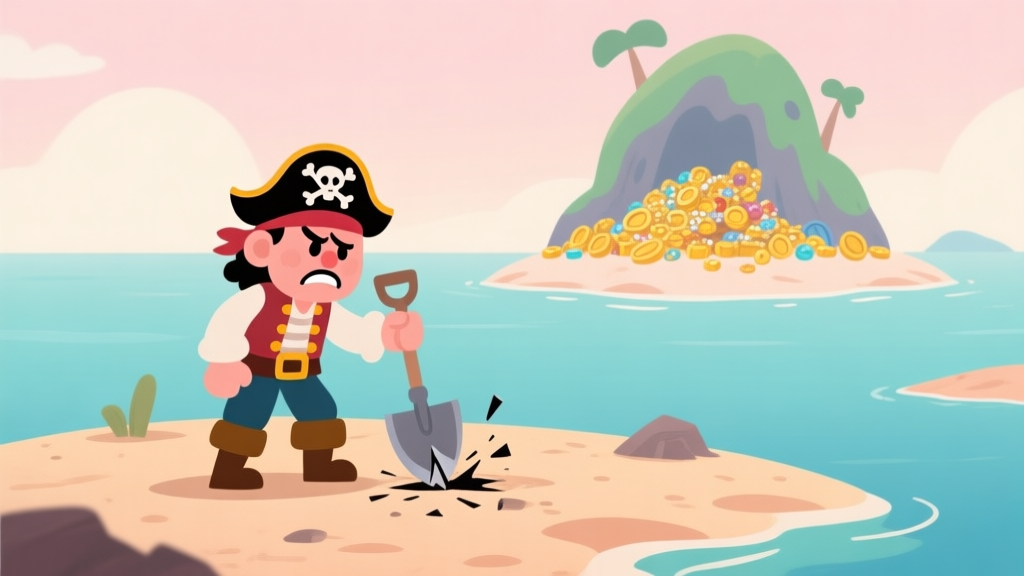 A frustrated cartoon pirate character looking at a broken shovel on a small, barren island, with a huge, treasure-filled island visible in the far distance, soft pastel colors, flat illustration style high quality illustration, detailed, 16:9