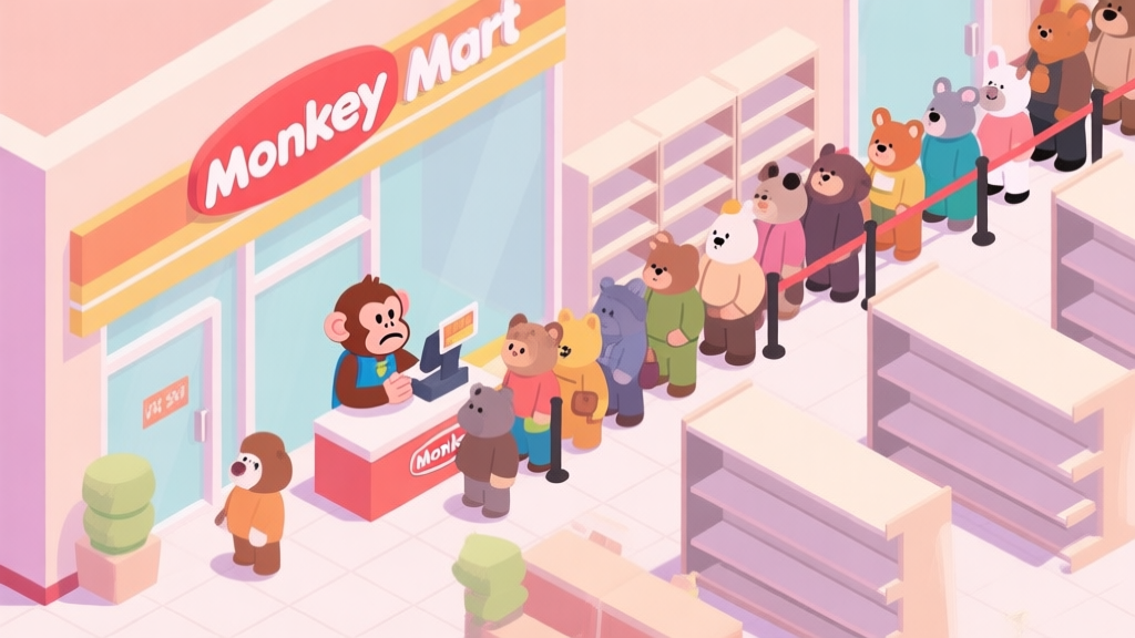 A cheerful, slightly chaotic isometric view of a Monkey Mart store with a long queue of diverse animal customers, a monkey cashier looking stressed, and empty shelves, in a soft pastel color palette high quality illustration, detailed, 16:9