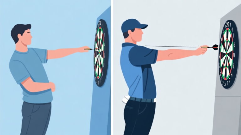 自动生成图片: A side-by-side comparison illustration of a casual dart throw posture versus a professional player's stance. The casual side shows slouched posture and inconsistent arm angle, the professional side shows a straight line from eye to elbow to dart, with perfect balance. Use a soft, analytical color scheme of blues and greys. high quality illustration, detailed, 16:9