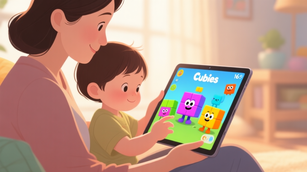 A cozy scene of a parent and young child playing together on a tablet, colorful cube characters (Cubies) visible on the screen, soft natural lighting, warm and inviting atmosphere, illustration style high quality illustration, detailed, 16:9