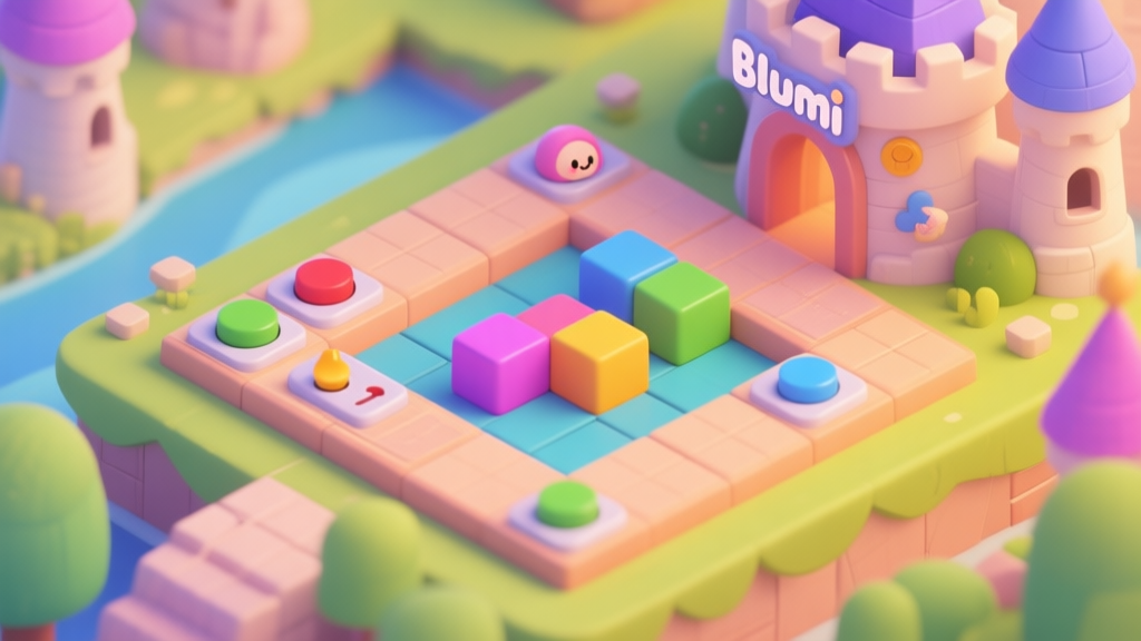 A vibrant, isometric view of a puzzle game level with colorful blocks, switches, and a character, in a cute cartoon style with soft lighting, showcasing the core gameplay of Blumgi Castle high quality illustration, detailed, 16:9