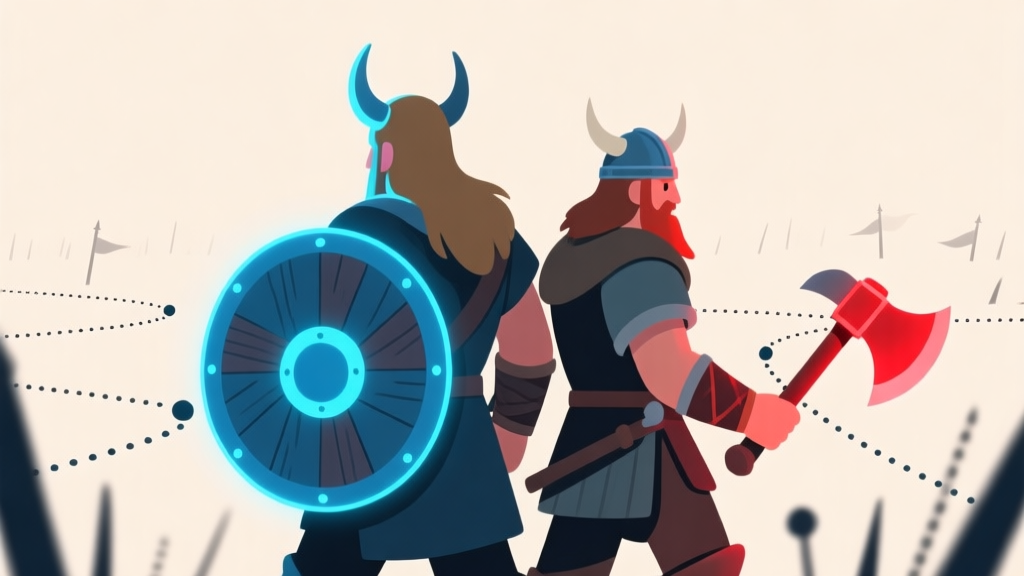 Two stylized Viking characters back-to-back, one with a shield glowing blue, the other with an axe glowing red, against a minimalist battlefield with dotted lines showing their coordinated movement paths, soft color palette high quality illustration, detailed, 16:9
