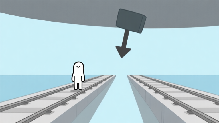 自动生成图片: A minimalist side-scrolling game scene showing a simple character on two parallel tracks, with a gravity shift arrow flipping the world upside down, soft blue and grey color palette, clean lines high quality illustration, detailed, 16:9