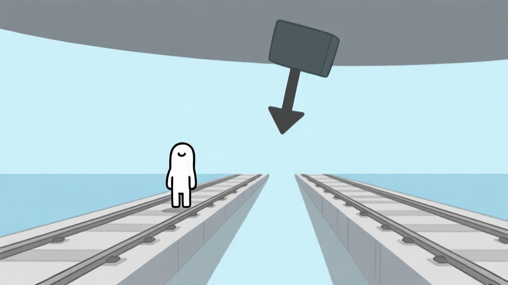 A minimalist side-scrolling game scene showing a simple character on two parallel tracks, with a gravity shift arrow flipping the world upside down, soft blue and grey color palette, clean lines high quality illustration, detailed, 16:9