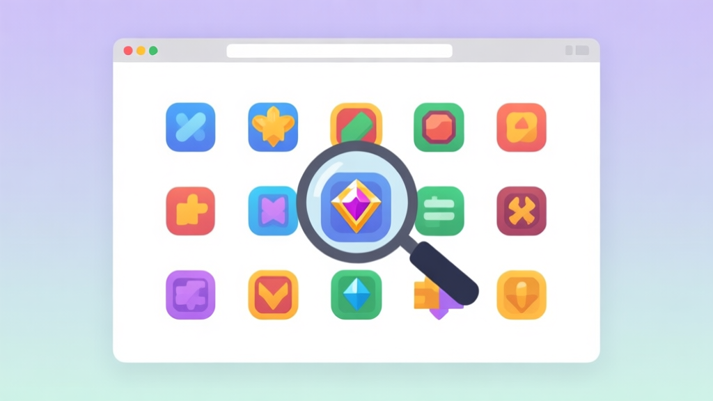 A minimalist, clean browser window showing a grid of colorful game icons on a soft pastel background, with a magnifying glass hovering over one hidden gem icon, flat design style high quality illustration, detailed, 16:9
