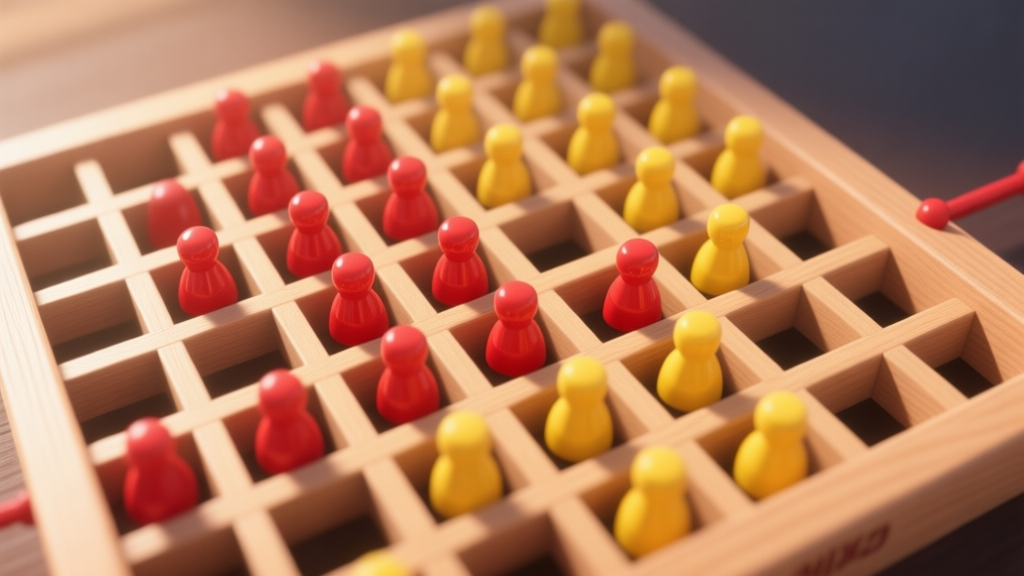 A top-down view of a wooden Connect Four board mid-game, with red and yellow tokens forming strategic patterns, soft natural lighting, focus on the grid structure high quality illustration, detailed, 16:9