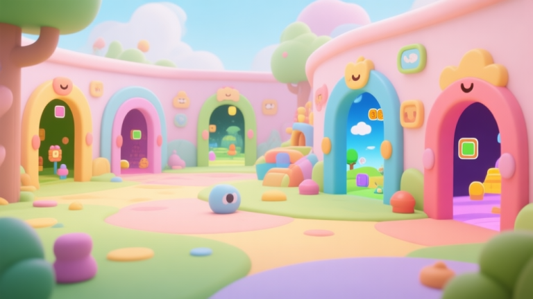自动生成图片: A vibrant and friendly digital playground scene for kids, with multiple colorful portals leading to different mini-game worlds, cartoonish and safe environment, soft pastel colors high quality illustration, detailed, 16:9