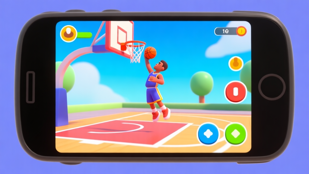 A vibrant 3D mobile basketball game screenshot showing a player performing a layup, with simple on-screen joystick and button controls, in a bright cartoonish style high quality illustration, detailed, 16:9