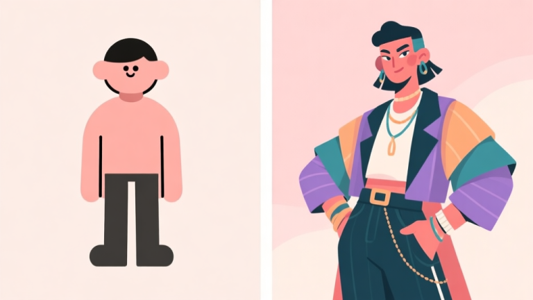 自动生成图片: A split-screen illustration showing a simple, plain character on the left and a stylish, confidently posed character with layered clothing and accessories on the right, soft pastel background, flat design style high quality illustration, detailed, 16:9