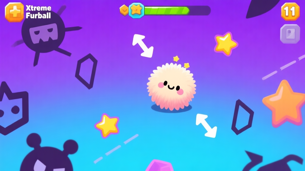 A vibrant, slightly chaotic game screenshot style image of Xtreme Furball gameplay. A cute, fuzzy ball character is in the center, surrounded by simple geometric enemy shapes and collectible stars on a gradient purple and blue background. Arrows indicate potential movement paths. high quality illustration, detailed, 16:9