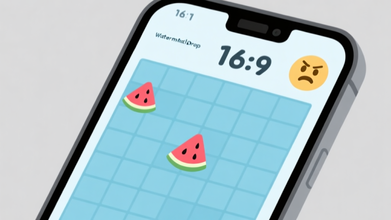 自动生成图片: A minimalist flat design of a smartphone screen showing a Watermelon Drop game grid, with a frustrated emoji face next to a stagnant high score number, soft pastel color palette with blues and grays high quality illustration, detailed, 16:9