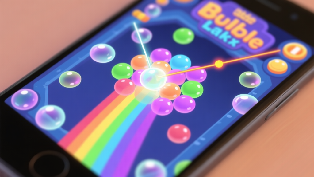 A close-up view of a Bubble Shooter Lak game screen on a mobile device, showing a complex and challenging level with a rainbow of bubbles. The player's aiming line is visible, strategically pointing at a key cluster. Soft, glowing highlights on the bubbles. high quality illustration, detailed, 16:9