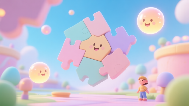 自动生成图片: A cheerful, stylized 3D scene of a bright and safe digital puzzle world with floating hexagonal pieces, soft pastel colors, friendly glowing orbs, and a child-like wonder aesthetic, no visible characters high quality illustration, detailed, 16:9