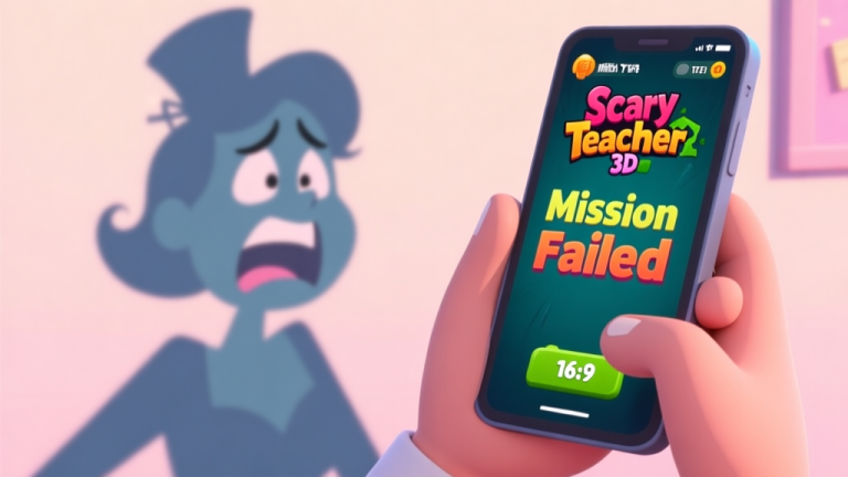 自动生成图片: A frustrated player looking at a smartphone screen showing "Mission Failed" in Scary Teacher 3D, with a shadow of Miss T laughing in the background, soft pastel colors, cartoon style high quality illustration, detailed, 16:9