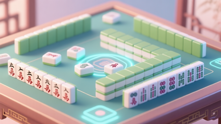 自动生成图片: A close-up view of a beautifully rendered digital Mahjong tile set on a virtual table, with soft glowing highlights on the characters, a clean and modern interface with subtle Chinese aesthetic elements, pastel color scheme high quality illustration, detailed, 16:9