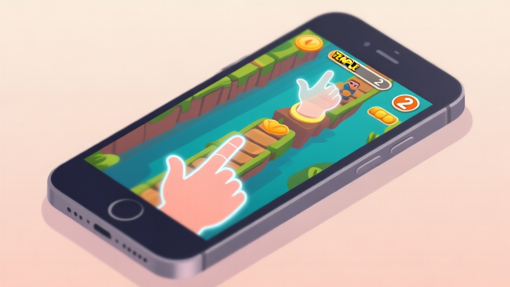 A top-down view of a smartphone screen showing a Temple Run 2 gameplay scene, with translucent hand and finger outlines in incorrect positions, creating a sense of tension and inefficiency, soft color palette high quality illustration, detailed, 16:9