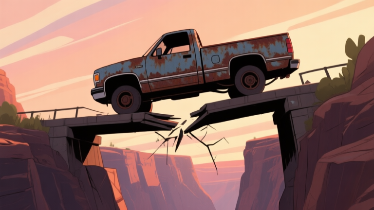 自动生成图片: A stylized, tense illustration of a rusty pickup truck balancing precariously on a narrow, broken bridge over a canyon, viewed from a dynamic low angle, soft sunset colors, video game aesthetic high quality illustration, detailed, 16:9