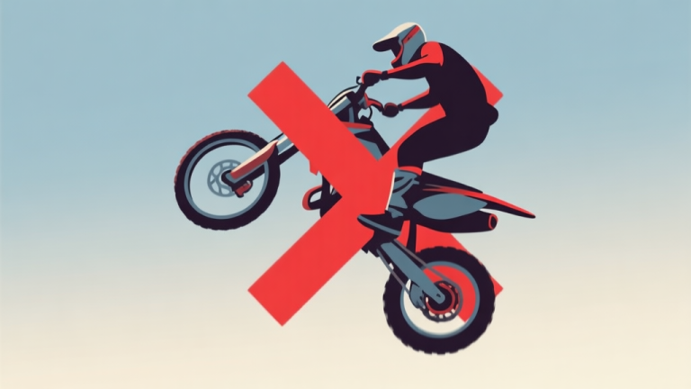 自动生成图片: A stylized side-view illustration of a stunt bike in mid-air, slightly tilted backwards, with a red cross over it indicating a mistake. The background is a simple gradient sky. high quality illustration, detailed, 16:9