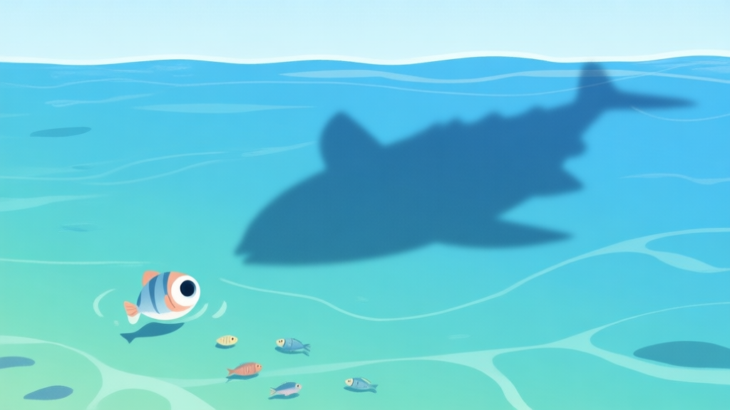 A minimalist top-down view of a digital ocean, showing a small fish eyeing smaller prey while a large shadow looms in the distance, soft blues and greens, flat design style high quality illustration, detailed, 16:9