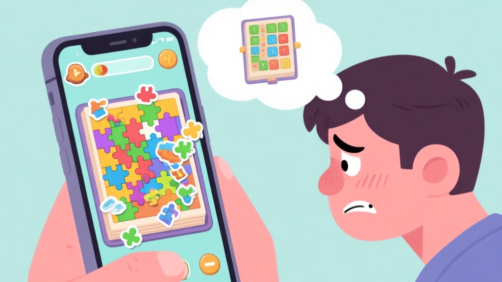 A frustrated player looking at a messy, overcrowded sticker book puzzle game screen on a mobile phone, with a calm, organized solution appearing as a thought bubble above their head, in a soft pastel color scheme high quality illustration, detailed, 16:9