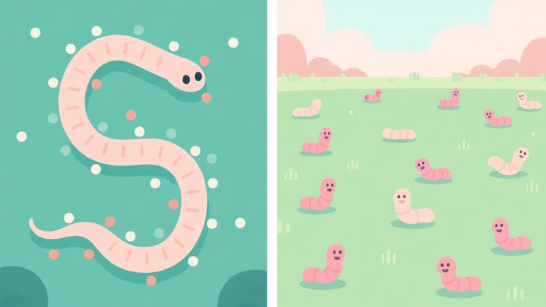 自动生成图片: Split-screen illustration comparing two game mechanics. Left side shows a single, long serpentine creature coiling around dots. Right side shows multiple smaller worm-like creatures scattering across the field. Soft pastel color palette, clean vector style. high quality illustration, detailed, 16:9
