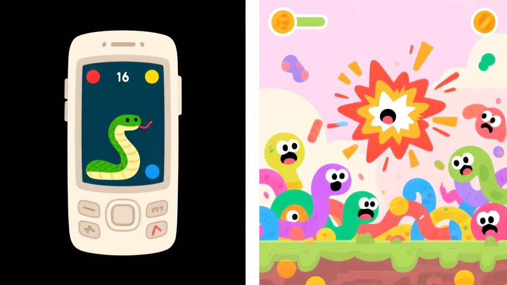 Split-screen illustration showing a simple, elegant snake game on a retro phone screen on the left, and a colorful, chaotic worms battlefield with cartoonish explosions on the right, soft pastel background high quality illustration, detailed, 16:9
