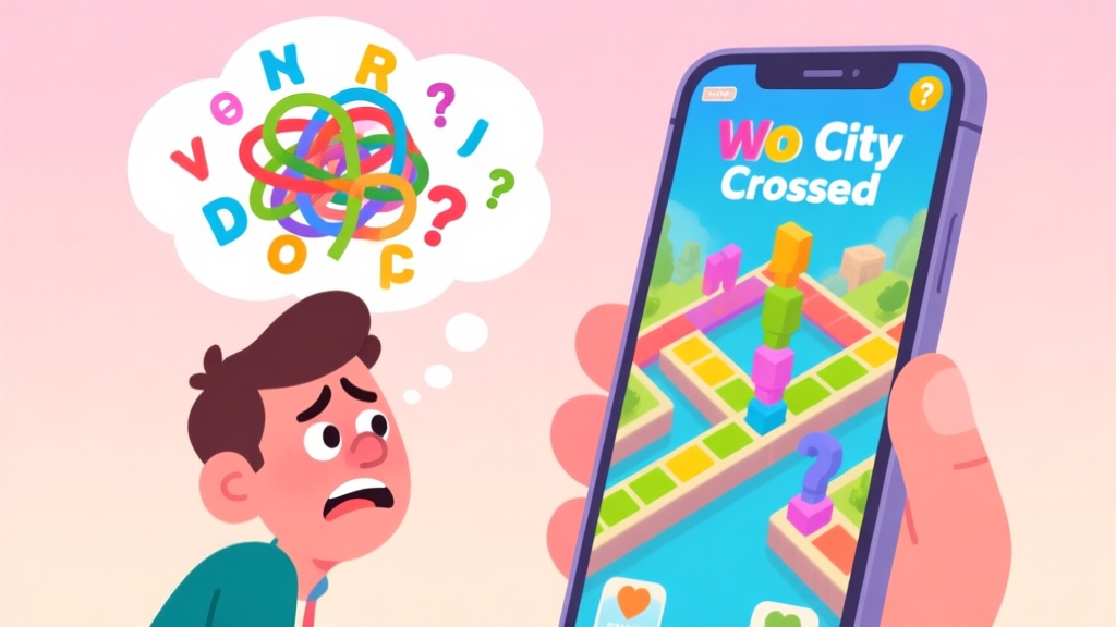 A frustrated player looking at a colorful Word City Crossed game level on a mobile phone, with a thought bubble showing tangled letters and question marks, soft pastel background high quality illustration, detailed, 16:9