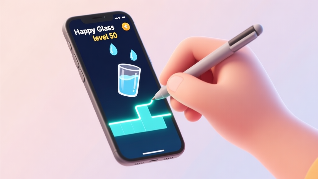 A hand holding a stylus drawing a precise, glowing line on a smartphone screen showing the Happy Glass level 50 puzzle, with a frustrated glass and water droplets suspended in mid-air, soft pastel background high quality illustration, detailed, 16:9