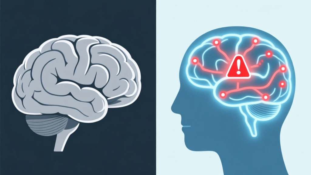 A split image showing a stylized, calm human brain on one side, and the same brain lit up with alarm signals (like amygdala and neural pathways) on the other, using a soft color palette of blues and greys with subtle red highlights high quality illustration, detailed, 16:9