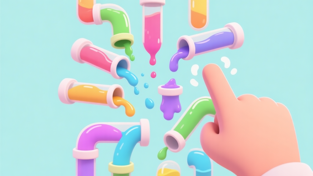 A frustrating mobile game scene showing a Water Color Sort puzzle with many colorful liquid-filled tubes, some overflowing, a hand with a finger pointing in confusion, soft pastel color palette, cartoon style, clean background high quality illustration, detailed, 16:9