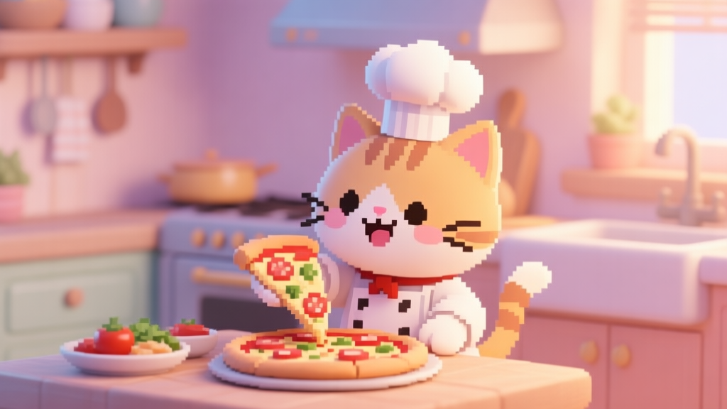 A cute, stylized cartoon cat chef wearing a tiny hat, happily placing toppings on a pixel-art pizza inside a cozy kitchen, soft pastel colors, warm lighting high quality illustration, detailed, 16:9