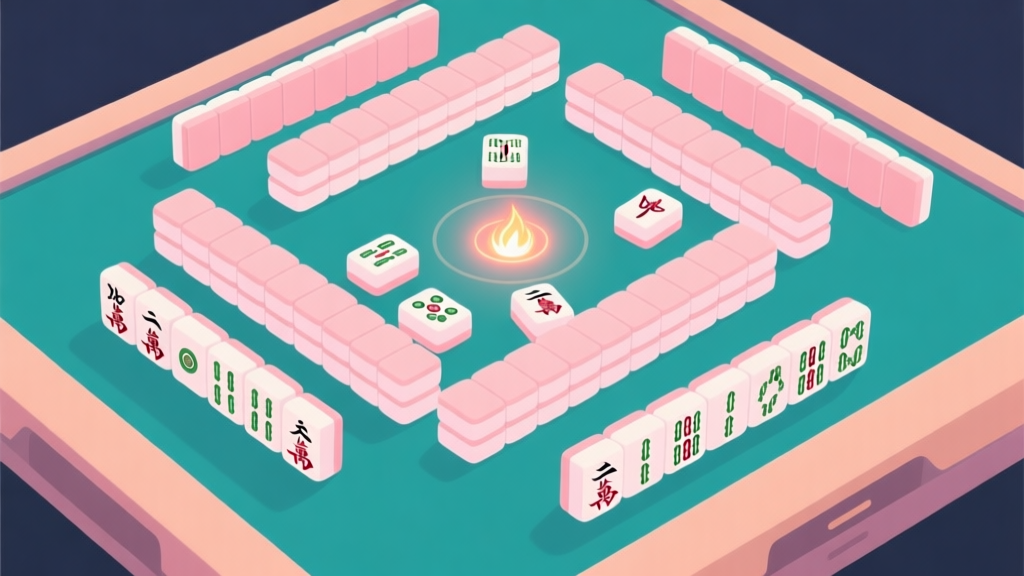 A top-down view of a Mahjong Firefly game board in soft pastel colors, with some tiles highlighted in a subtle glow, showing a potential matching pattern amidst complexity, flat design style high quality illustration, detailed, 16:9