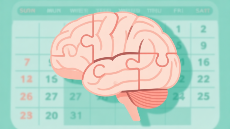 自动生成图片: A minimalist illustration of a brain made of interlocking puzzle pieces, with a calendar grid faintly visible in the background. Soft pastel colors like mint green and light peach. high quality illustration, detailed, 16:9