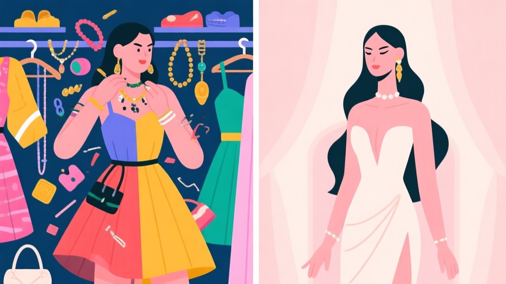 A split-screen illustration showing a chaotic, mismatched dress-up attempt on one side (clashing colors, too many accessories) and a sleek, harmonious glamorous makeover on the other, in a soft pastel color palette, flat design style high quality illustration, detailed, 16:9